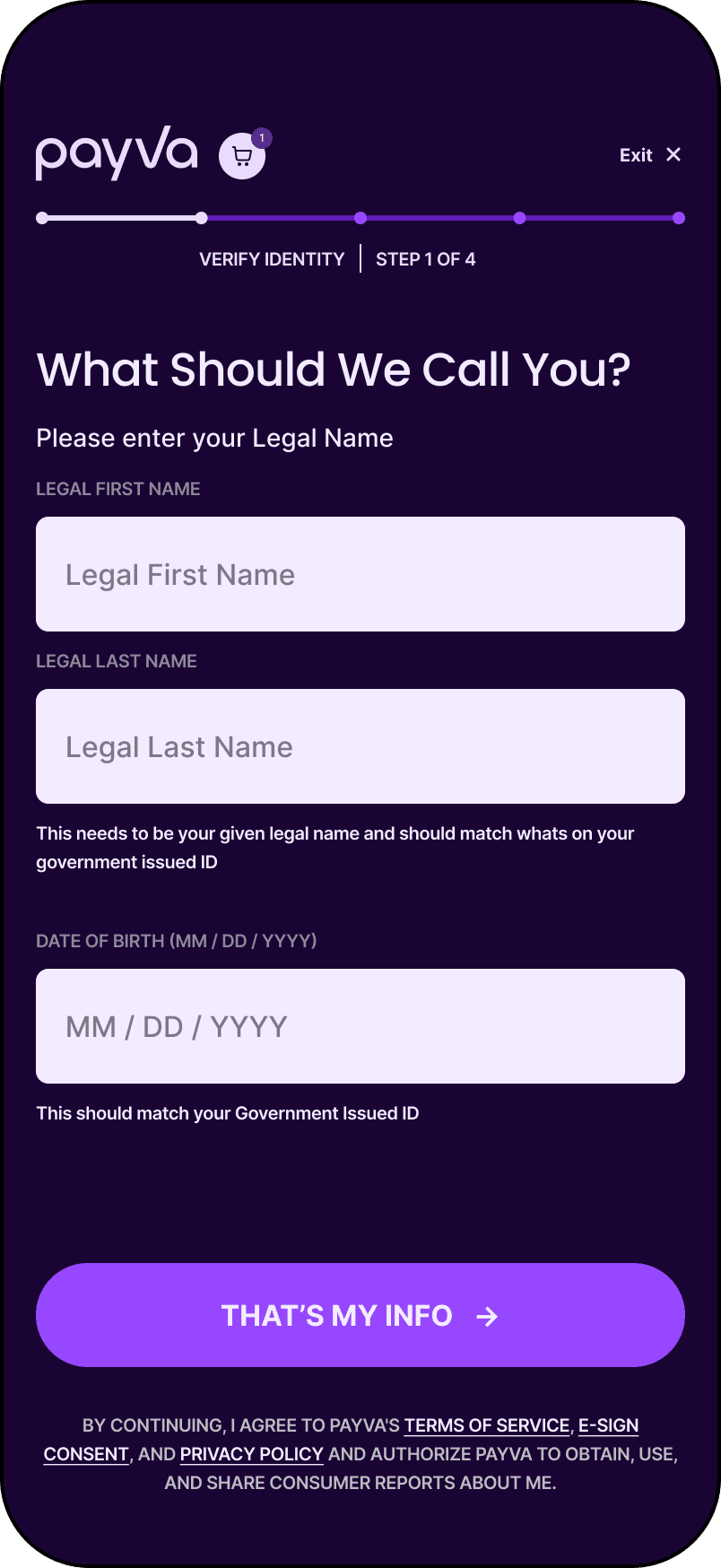 A screenshot of the Pavya Checkout UI with name and date of birth fields