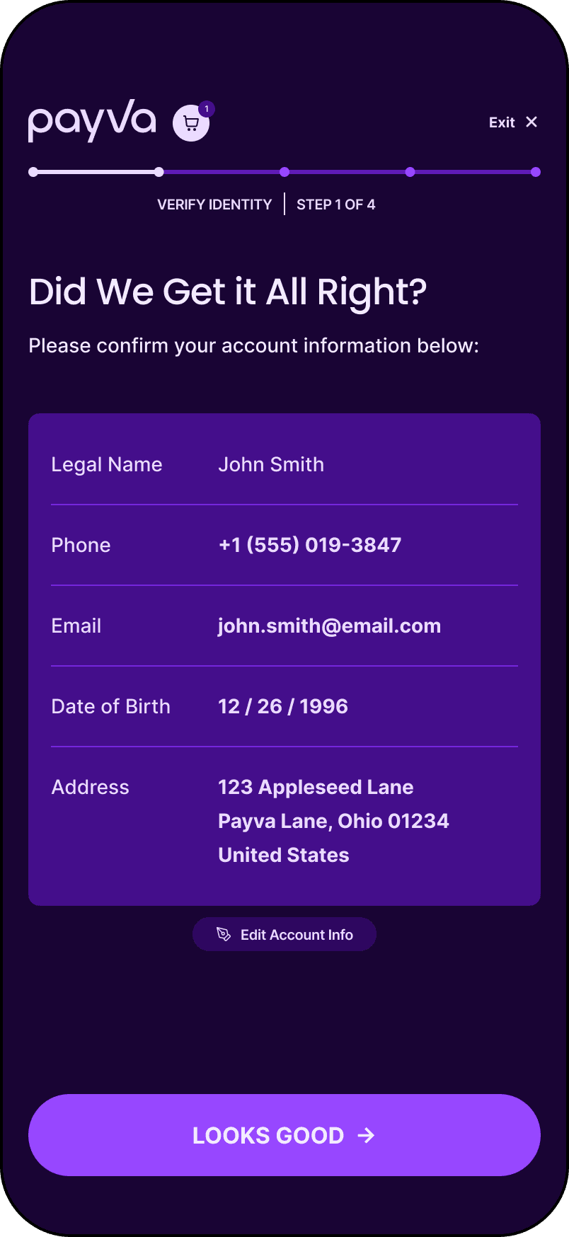 A screenshot of the Pavya Checkout UI with a summary of a user's account information