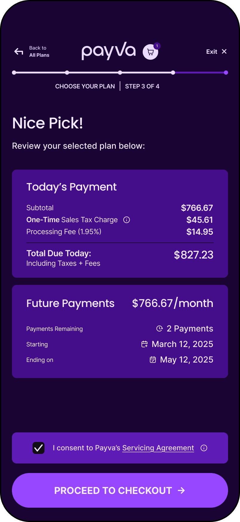 A screenshot of the Pavya Checkout UI with name and date of birth fields