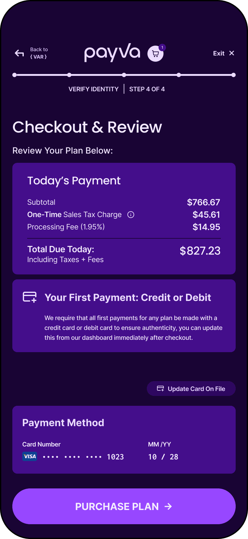 A screenshot of the Pavya Checkout UI with a summary of a user's account information