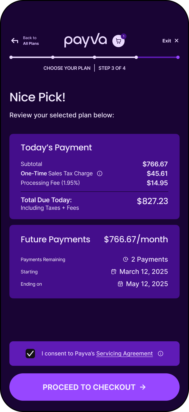 A screenshot of the Pavya Checkout UI with name and date of birth fields